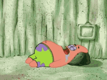 Patrick star is sleeping with his head on a rock and he's drooling all over himself