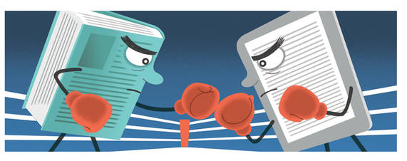 Cartoon ebook versus print book in a boxing ring