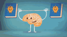 A cartoon brain lifting weights of books GIF