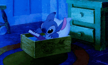 Stitch reading himself a book in his bed that is a drawer made by Lilo 