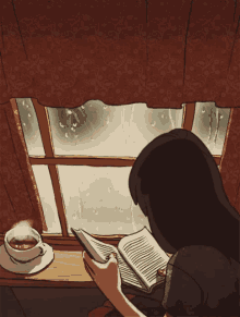 Woman reading by a window while it rains outside and her coffee is steaming in a white mug GIF