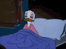 Daffy duck pulling blue covers over his head in bed