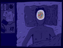 Human laying in a dark room on a bed, with colorful squiggles going off in their head because of overthinking.