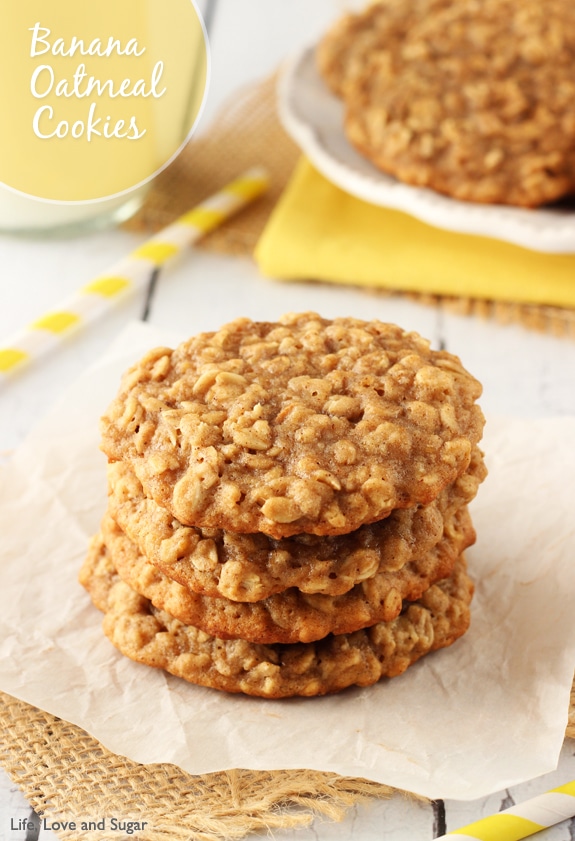 Stack of banana Oatmeal cookies on a table with yellow decorations around it