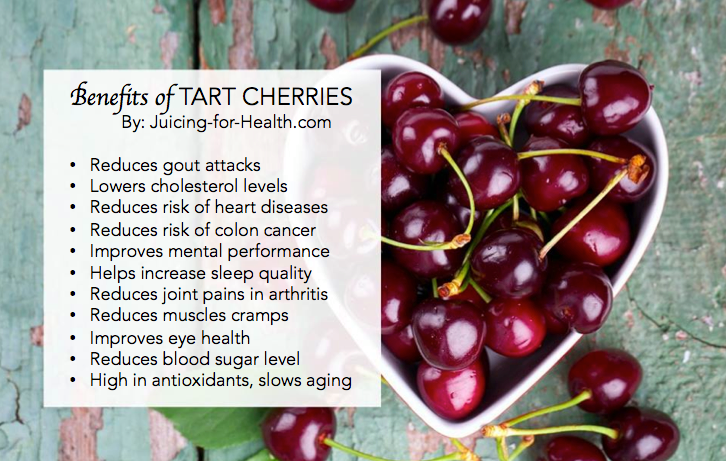 Bright red tart cherries in a white heart shaped bowl, and there's a description to the left on the benefits they have