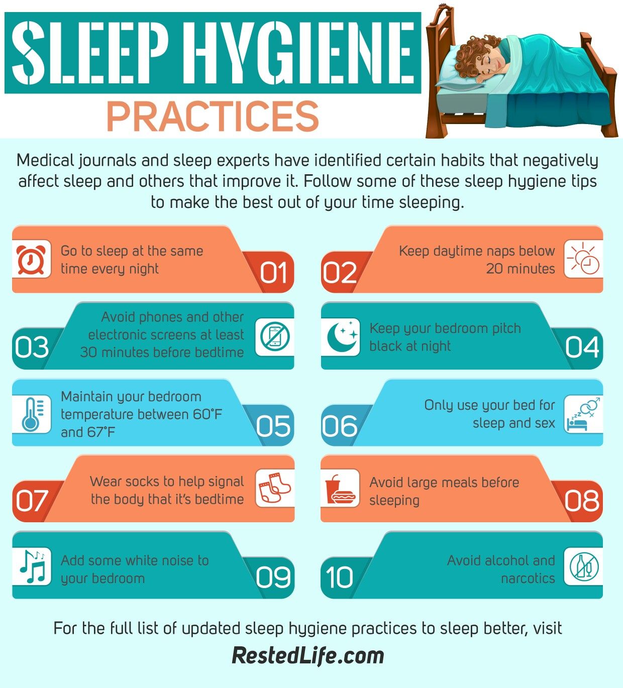 Sleep Hygiene practices in a list format very colorful and woman sleeping on bed in the top right